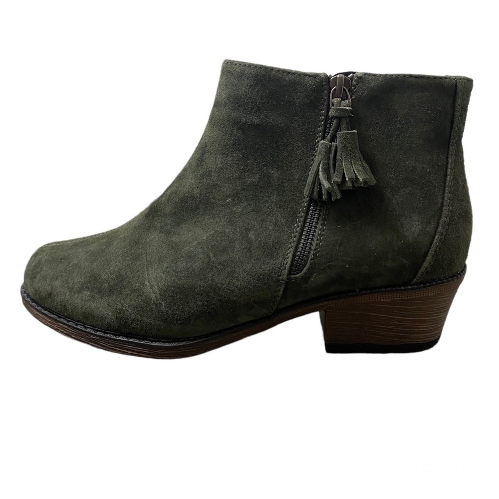 Propet Olive Green Suede Ankle Booties with Tassel Zip